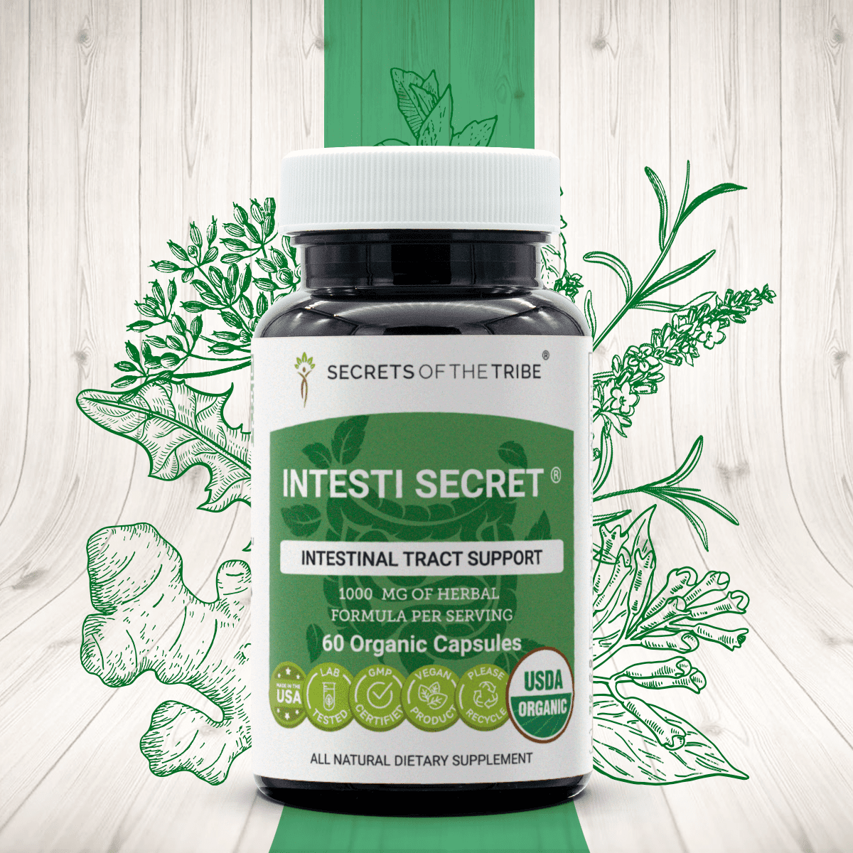 Secrets of the Tribe Intesti Secret Organic Capsules Dietary Supplement, Natural Herb Blend, Made from Peppermint, Dandelion, Cloves, Ginger, Fennel Seed, Lavender 60 Count