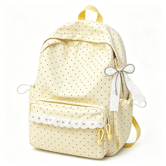 Polka Dot Backpack,Large Laptop Daypack Supplie with Bow Accessories,Lightweight Shoulder School Bag