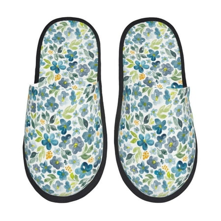 Balery Floral In Blue Slient Indoor Furry Fleece Comfort House Shoes Soft Non-Slip Home Shoes Cotton slippers House Slippers-- Large