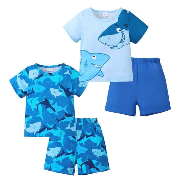 KIMI BEAR 4T Toddler Boys Outfit Set 2 Packs 5T Child Boy Summer Clothes Short Sets Short Sleeves T-shirt Tops Shorts Sharks 4pcs Clothing Blue