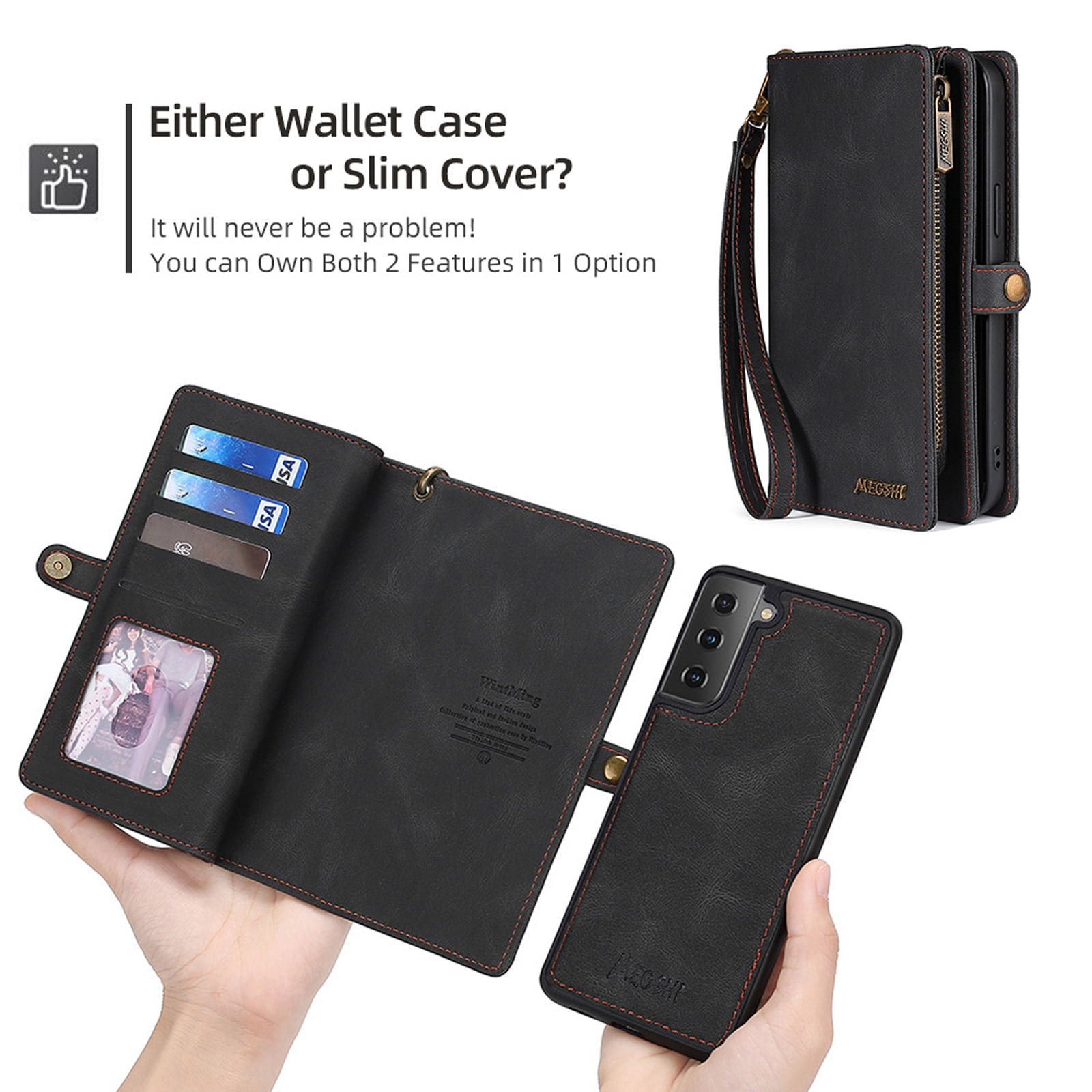 for Samsung Galaxy S24 Case for Women Men, Removable Durable PU Leather Magnetic Flip Strap Wristlet Zipper Purse Card Holder Detachable Wallet Phone Cases for Samsung Galaxy S24, Black