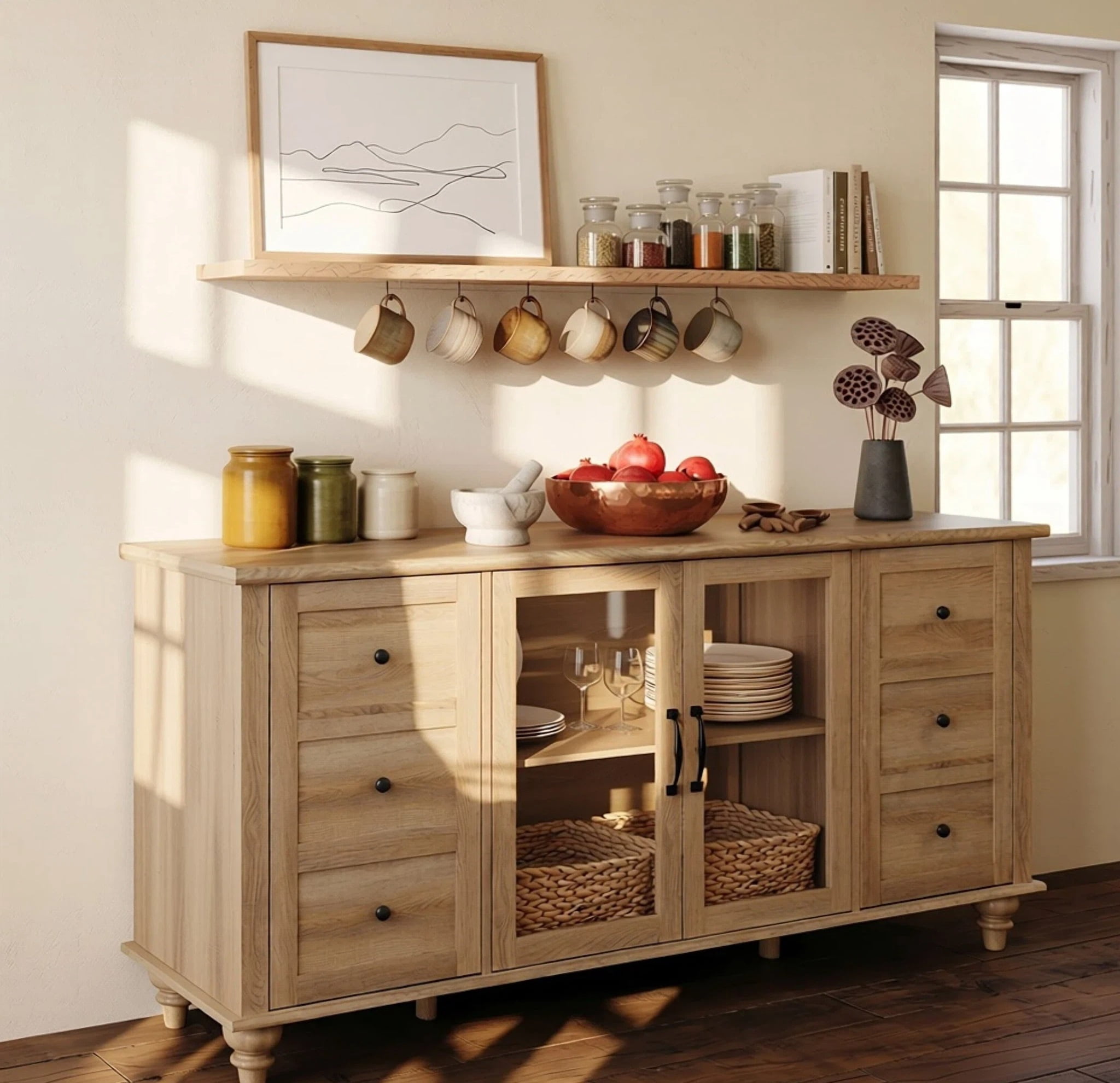 Oak Sideboard with Glass Door, Farmhouse Buffet Cabinet with Storage Shelf for Kitchen Dining Room