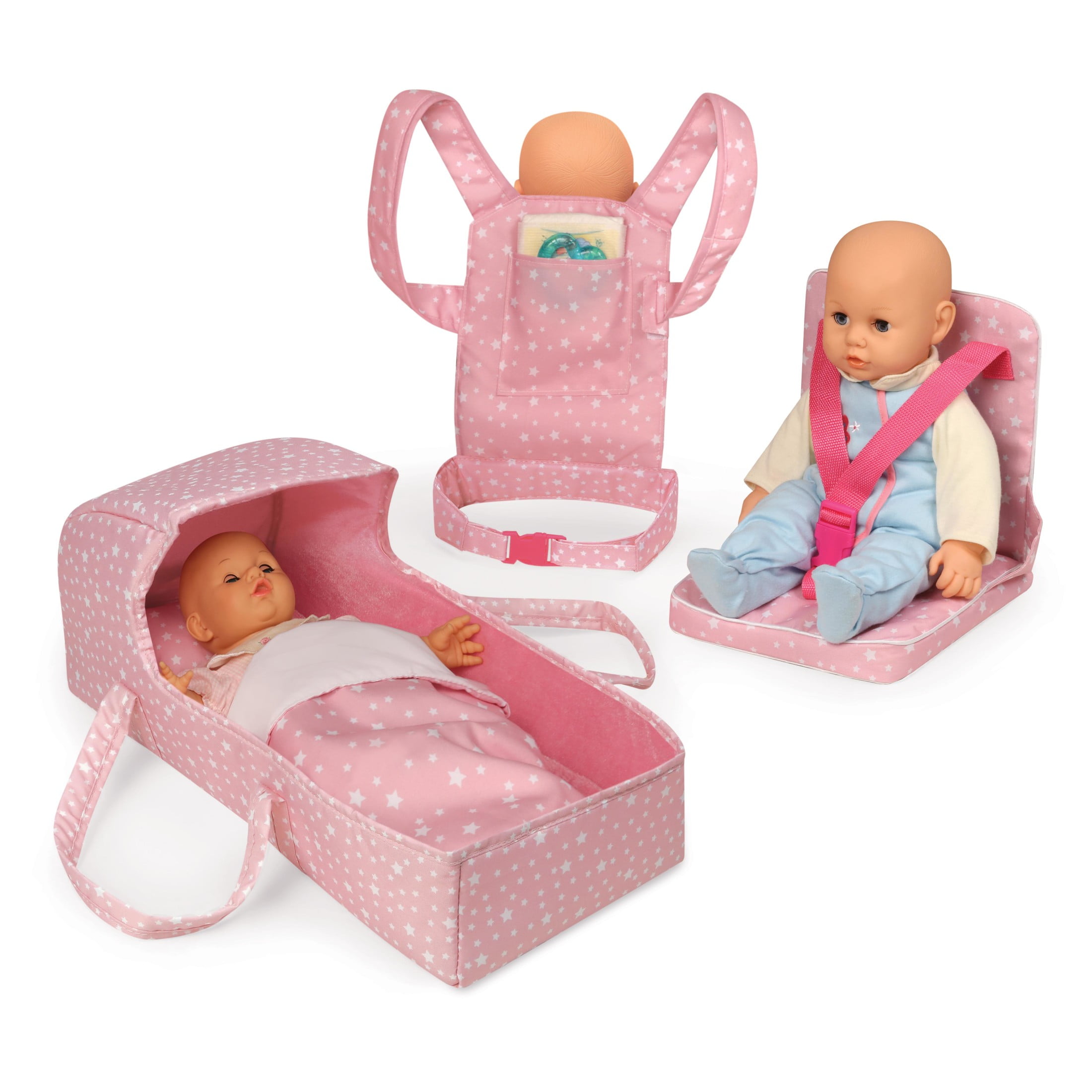 Badger Basket On-the-Go Set with Doll Booster Seat, Travel Bed & Carrier for 18 inch Dolls - Pink