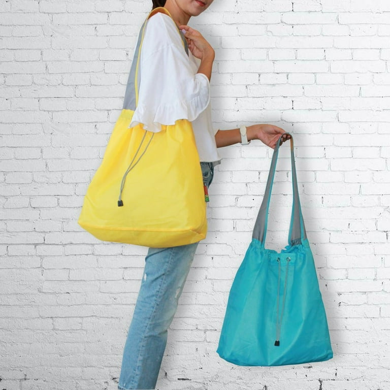 EcoJeannie 4 Pack NEW Ripstop Nylon Foldable Daw String Reusable Shopping Bag With Built In Pouch and Reinforced Handle Yellow Blue Red Green