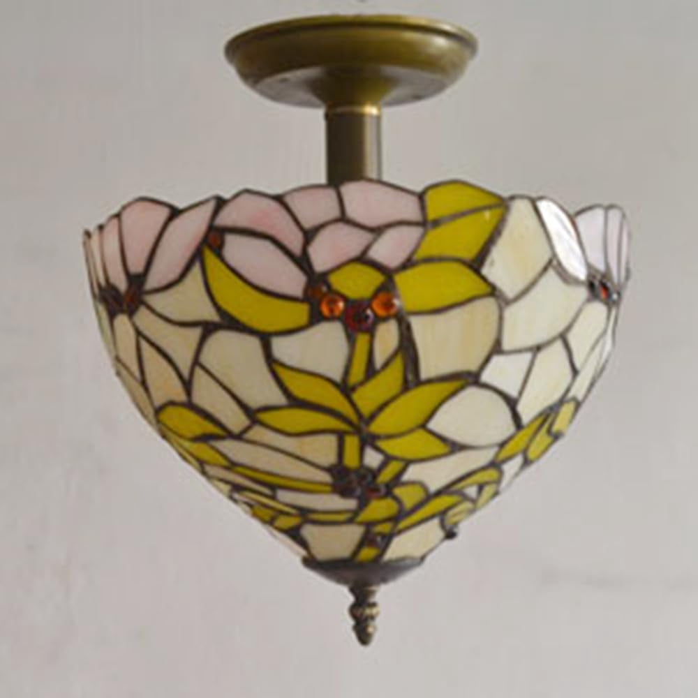 Kiven 11.8in Plug-in Flush Mount Ceiling Light Fixture, 2-Light Anti Glare Close to Ceiling Light with 15FT Cord, Tiffany-Style Glass Chandelier Dimmable for Bedroom Kitchen Hallway(No.3190)