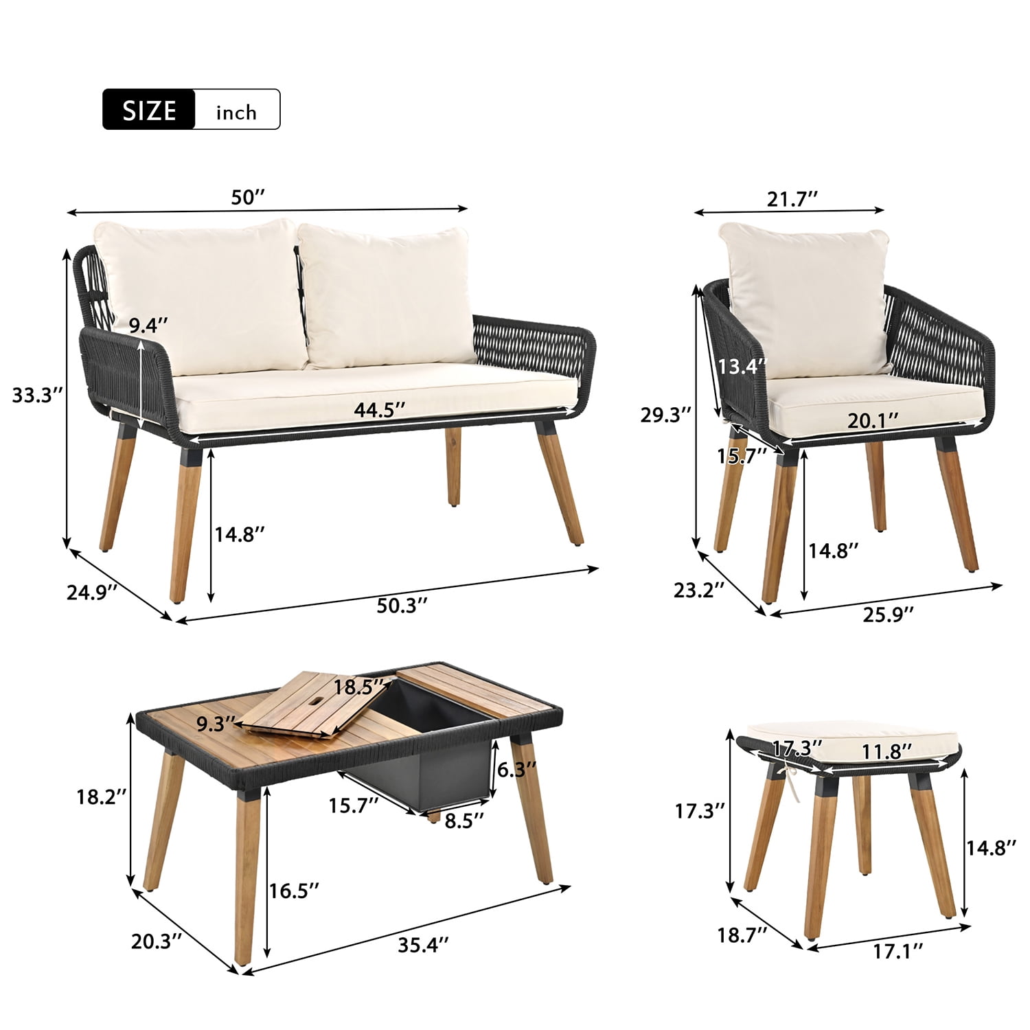 Aimee Lii Outdoor Patio Acacia Wood & Rope 6-Piece Furniture Set with Ice Bucket, Patio Conversation Set with Ottomans, Beige