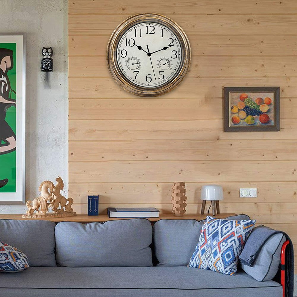 12inch Wall Clock,Retro Waterproof Clock with Displays Thermometer&Hygrometer,Noise-Free Clock for Indoor/Outdoor