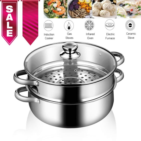 Steamer Pot Stainless Steel,2 Tier Steamer Pot 28cm Steamer Pot w/Glass Lid Food Veg Cooker Pot Cooking Pan Steaming Pot Dim Sum Cookware Steamer For Kitcken Cooking Tool