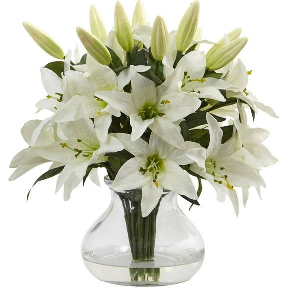 Nearly Natural White Lily Artificial Flower Arrangement with Vase