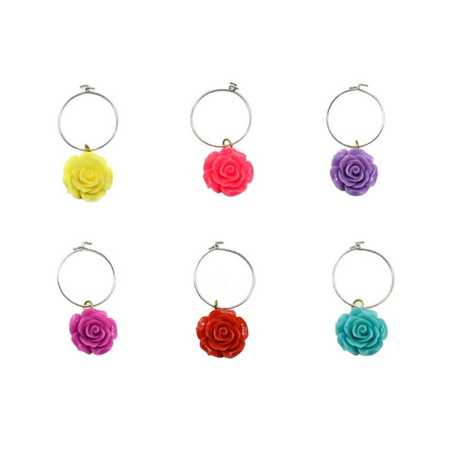 MasteelfCA 6pcs Rose Wine Glass Marker Flower Ring Drinking Cup Identifier Cup Sign (Mixed Colors)