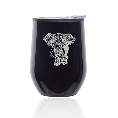 

Stemless Wine Tumbler Coffee Travel Mug Glass with Lid Fancy Elephant (Black Midnight)