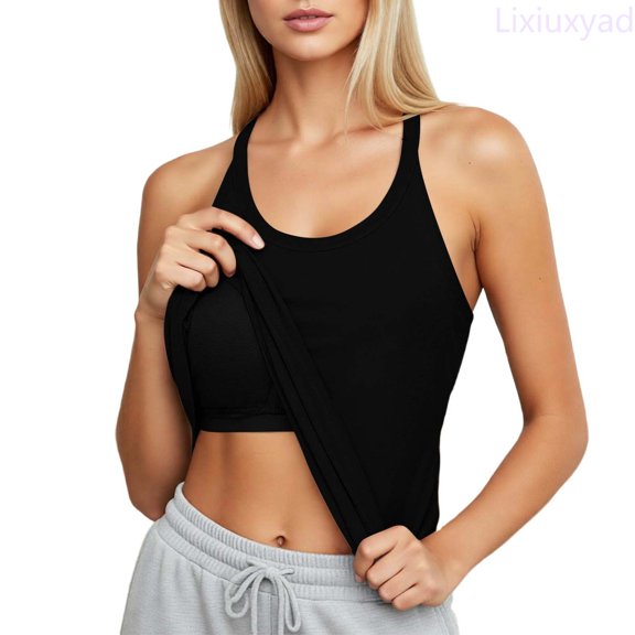 Lixiuxyad Women's Tank Top Camisole Seamless Yoga Tank Top Built In Light Support Bra For Fitness Workout And Casual Wear,Black