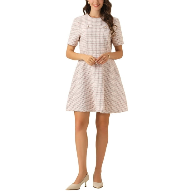 Vestido skater elegante de tweed de manga corta y cuello redondo para mujer INSPIRE CHIC XS Rosa