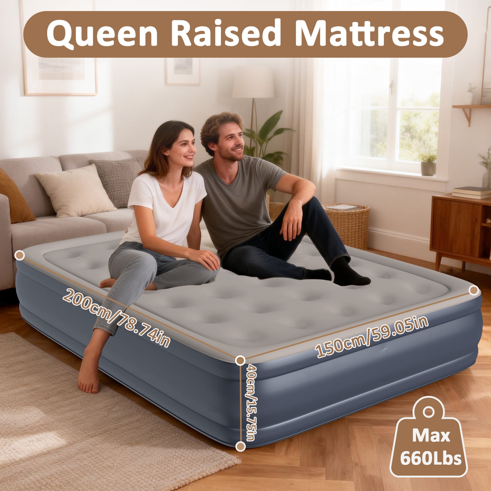 Air Mattress with Pillow, Queen Inflatable Mattress with Built-in Pump, Elevated Inflatable Bed with Pillow, for Camping, Guests and Home, 660lbs Max, Gray