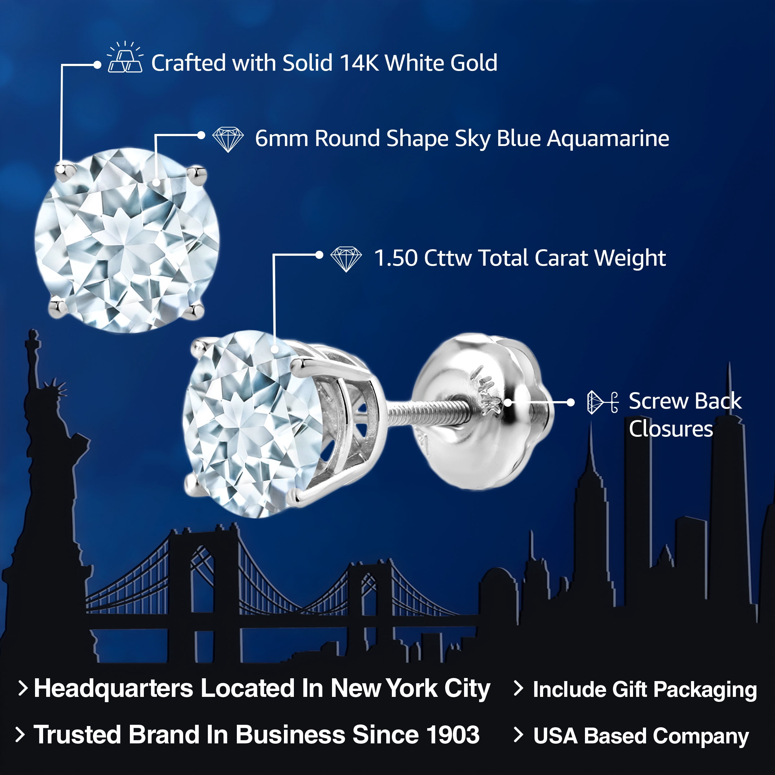 Gem Stone King 14K White Gold Sky Blue Aquamarine Women Screwback Stud Earrings (1.50 Cttw, Round 6MM)
