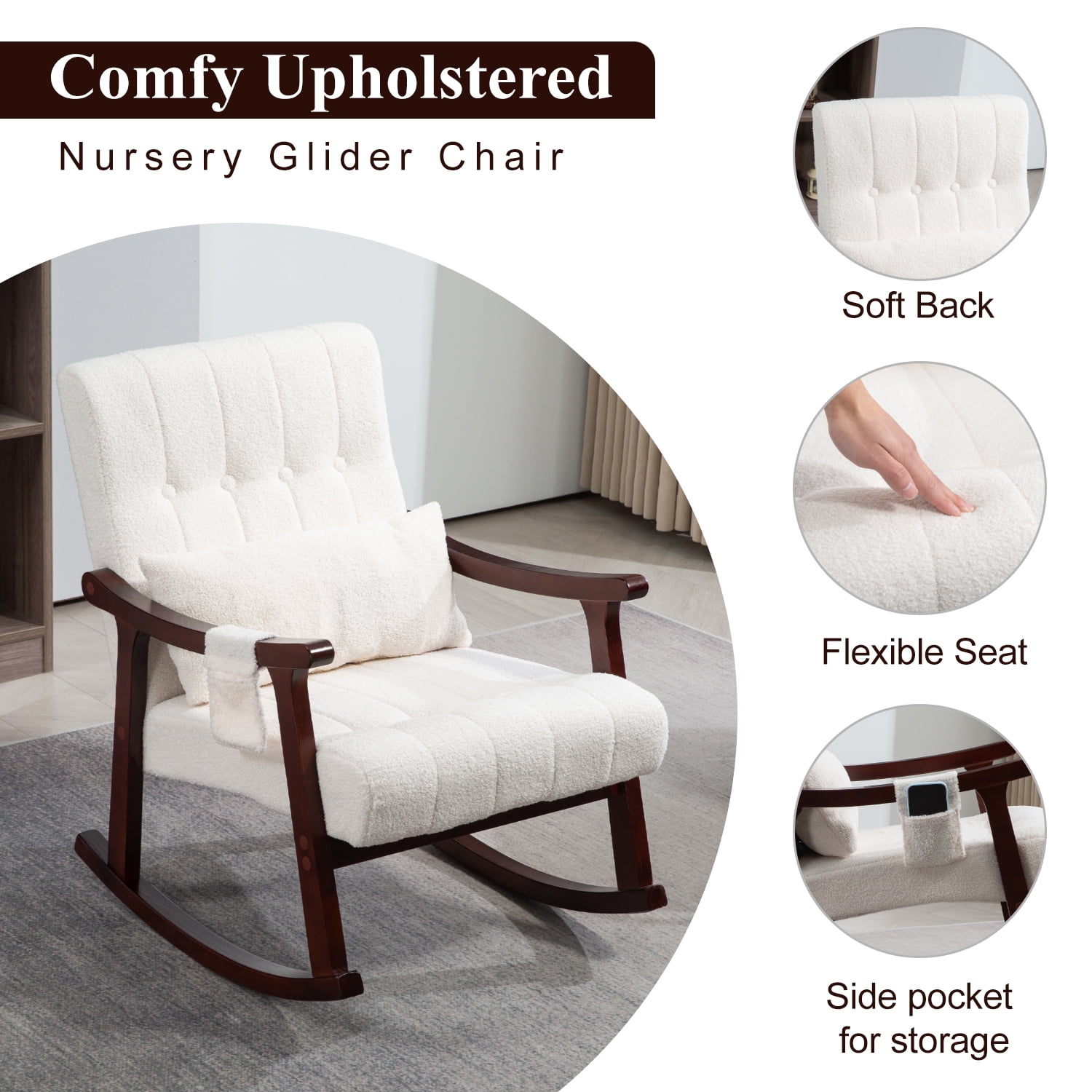 Rocking Chair with Massage Lumbar Support,Upholstered Glider Chair with Side Pocket, Nursery Rocker with High Backrest,Rubber Wood Legs, Rocking Accent Armchair for Living Room Bedroom Nursery