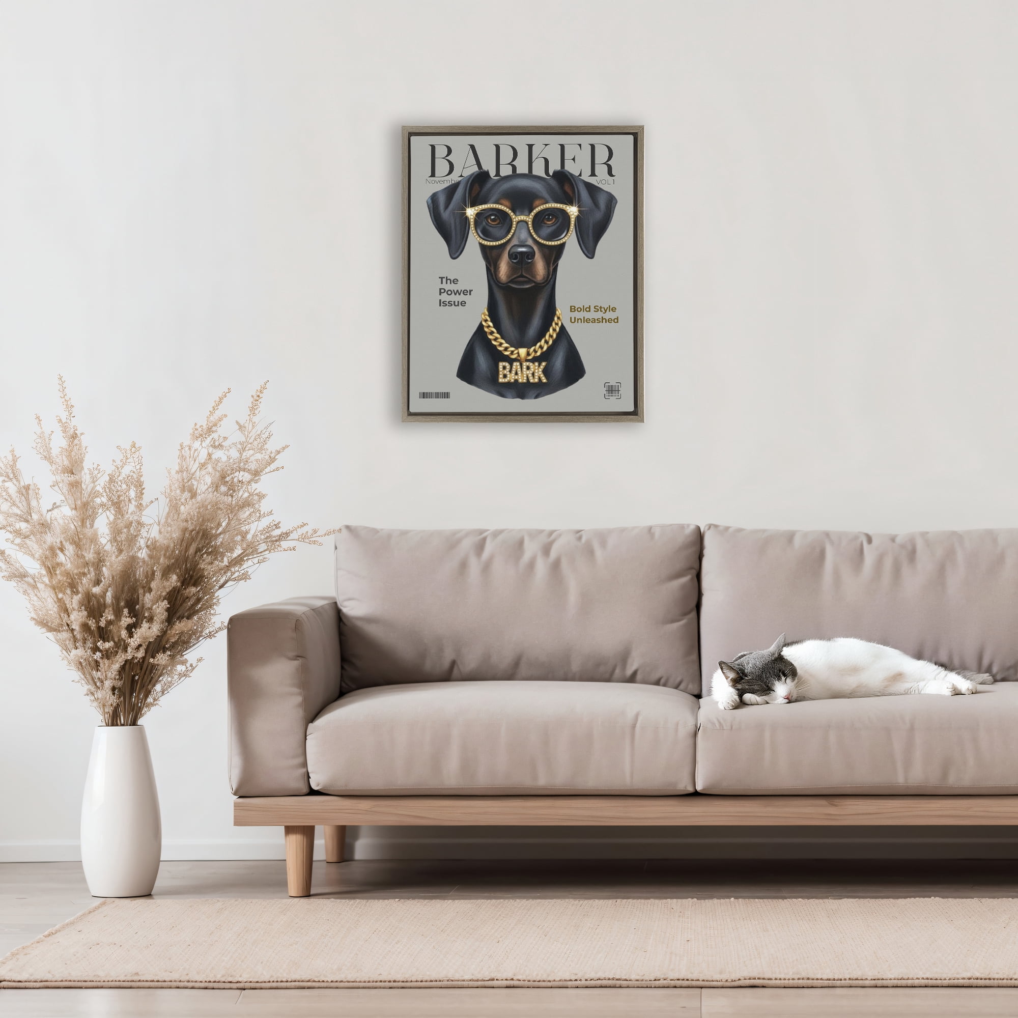 Stupell Industries Barker Dog Fashion Magazine Brown Framed Floater Canvas Wall Art, design by A Barefoot Stylist