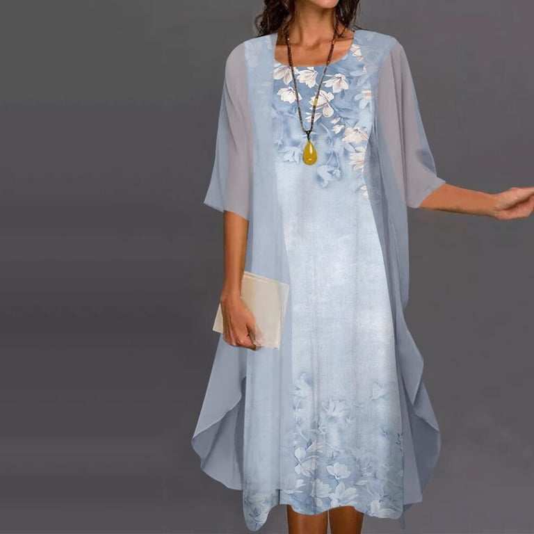 JURANMO Womens Flowy Floral Dresses with Jacket 2 Piece Sets 3/4 Sleeve  Sheer Chiffon Summer Cocktail Wedding Guest Dress Holiday Outfits Sky Blue  XXXXL Prime By Hour