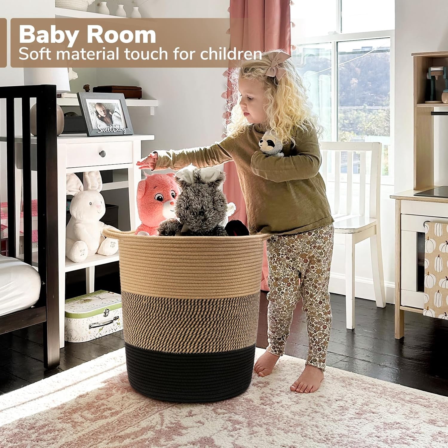 Laundry Basket Large Laundry Hamper, Woven Baskets for Storage, 17.8" x 15.8" x 13.8", Wicker Laundry Basket for Living Room, Dirty Clothes Basket, Baby Hamper for Nursery, Black & Jute