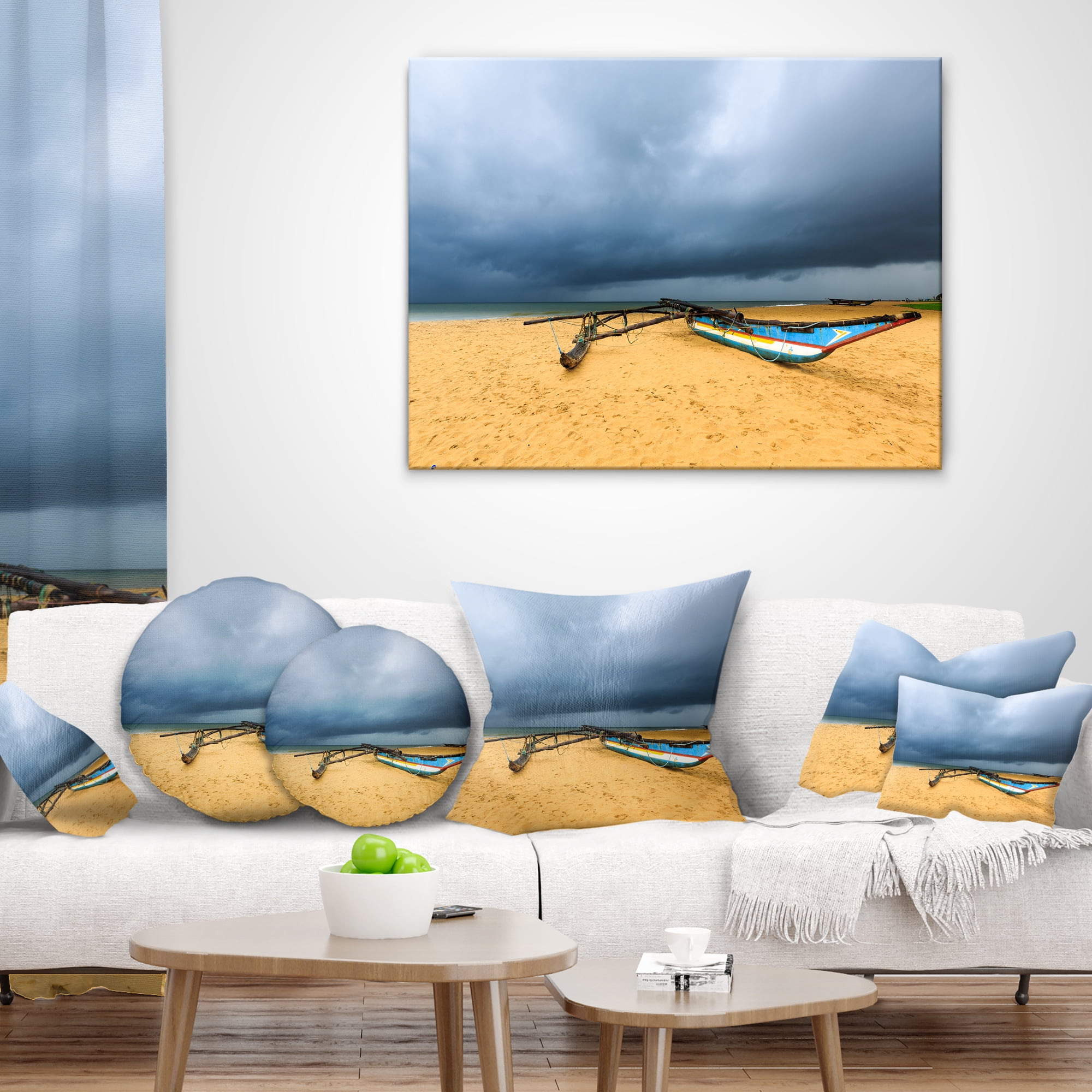 Designart Beach with Dark Clouds above Ocean - Seashore Throw Pillow - 18x18