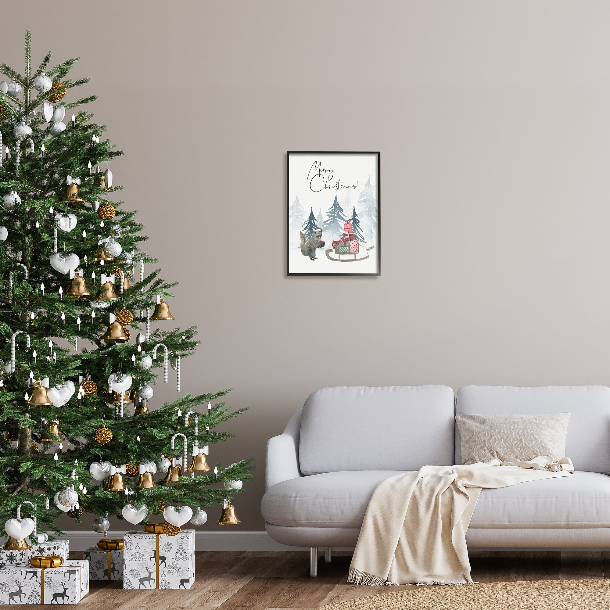 Stupell Indtries Merry Christmas Phrase Adorable Racoon Forest Present Sleigh,16 x 20,Design by Lucille Price