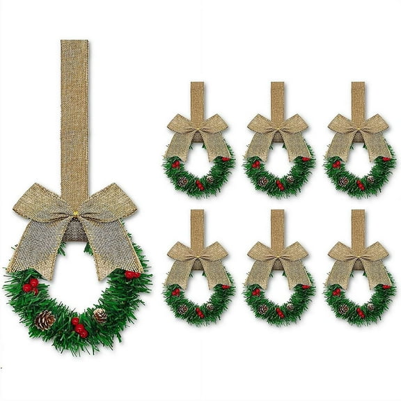 6 Pcs Mini Christmas Wreaths, Artificial Norfolk Pine with Red Bows & Berries for Windows, Doors, & Pillars, Farmhouse Holiday Decor