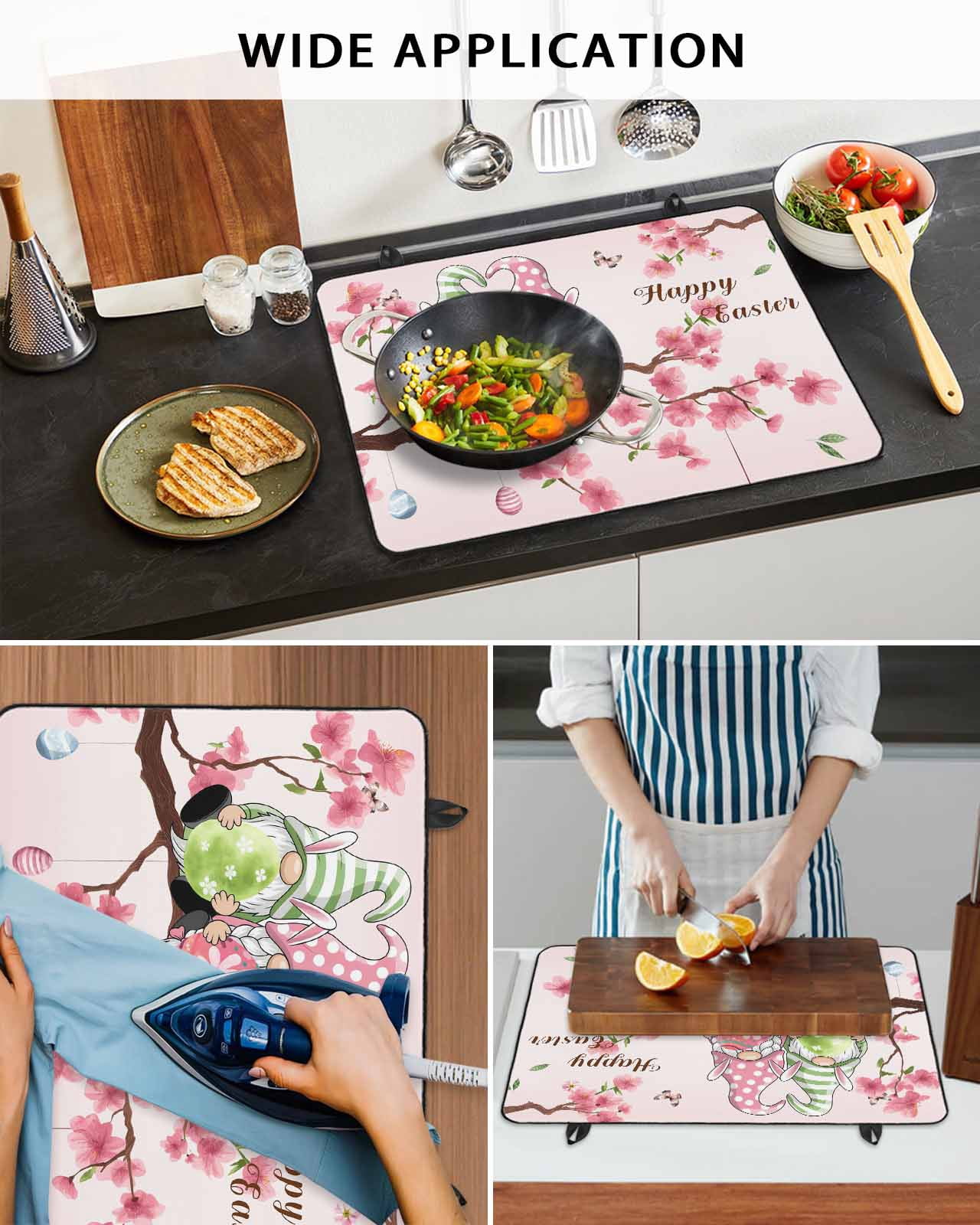 Large Induction Cooktop Protector Mat Happy Easter Stove Top Covers for Electric Stove, Pink Spring Gnomes Eggs Flower Branch Rabbit Decorative Stove Burner Cover Mats, Glass Top Stove Cover
