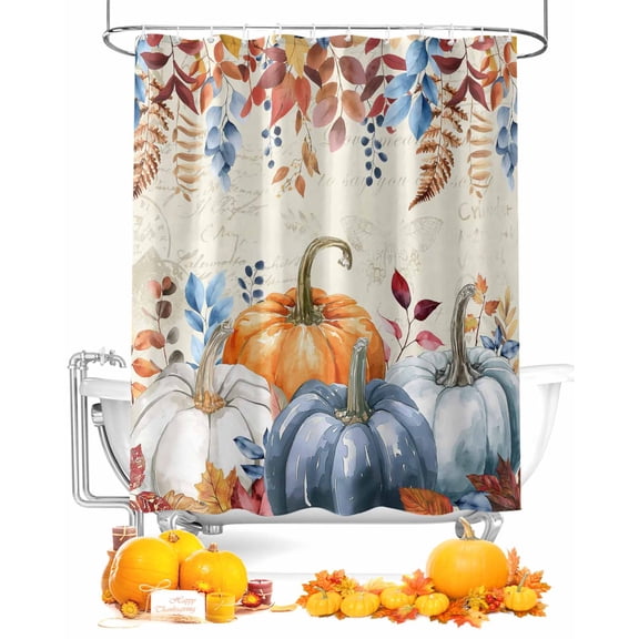 Fall Shower Curtain Orange Pumpkin Bathroom Curtains with Hooks, Waterproof Fabric Blue Autumn Eucalyptus Leaf Thanksgiving Bath Shower Curtains Set for Bathroom Bathtubs Decor 72x84 Inch