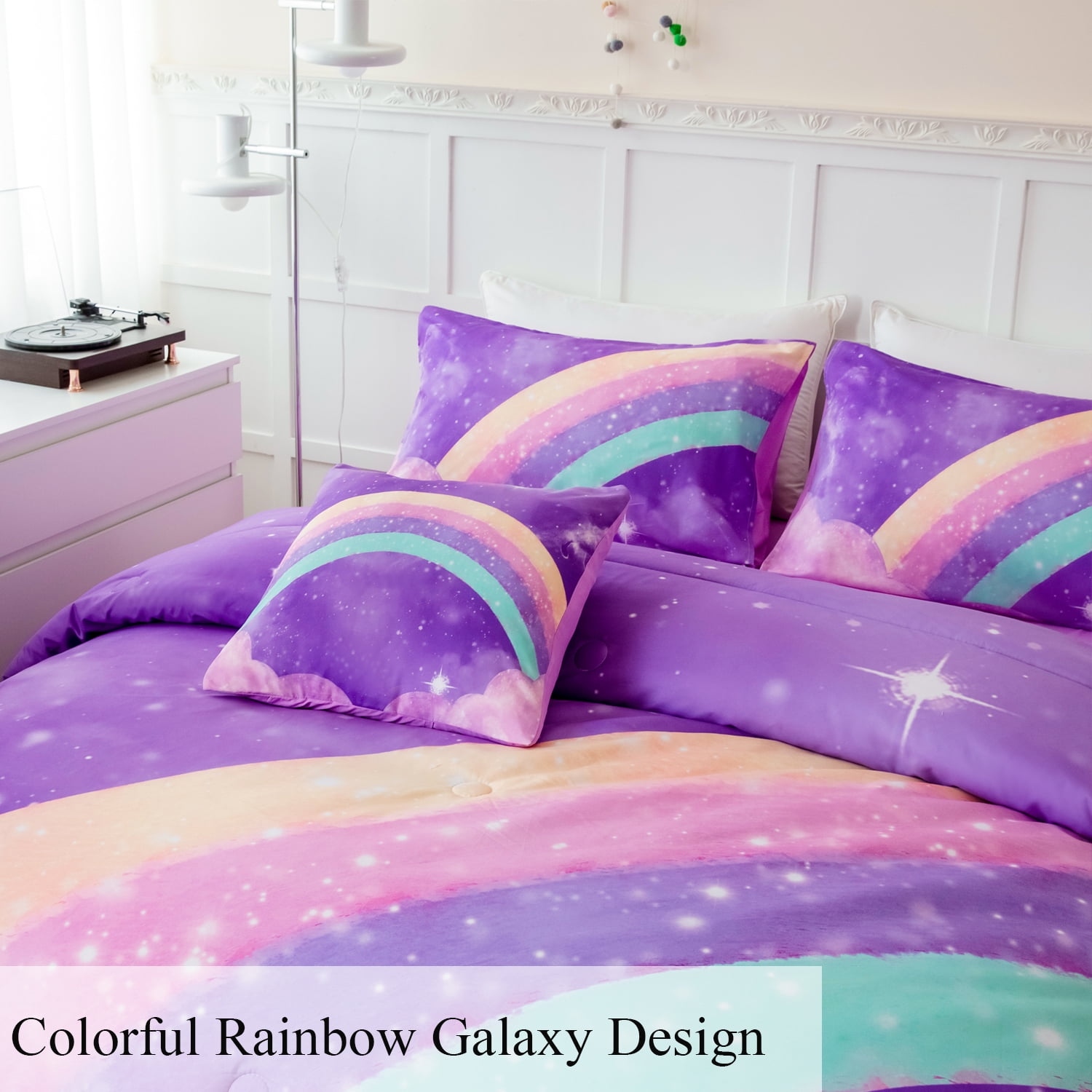 URBONUR 4 Pieces Girls Comforter Set Twin, Purple Rainbow Kids Bedding Set for Girls, Glitter Galaxy Bed Comforter Set with Pillowcases