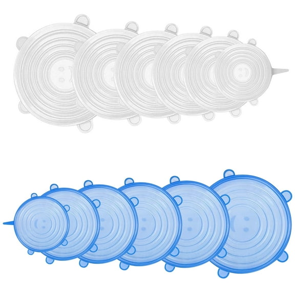 12 pack Silicone Stretch Lids, Reusable Food Container Cover Seal with 6 Different Size, Round Storage Covers for Bowls, Mugs, Jars, Pots, Cans (Blue Clear)
