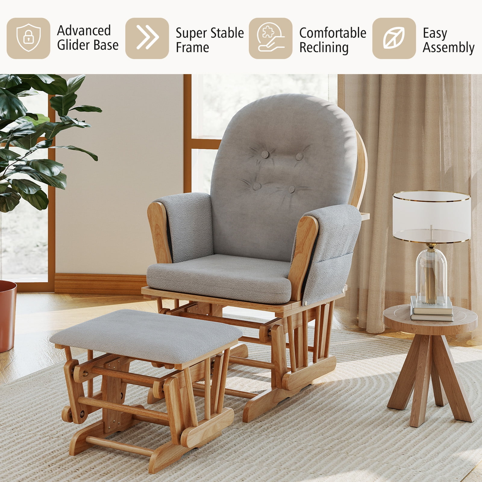Gymax Glider & Ottoman Cushion Set Wood Baby Nursery Rocking Chair Glider Gray