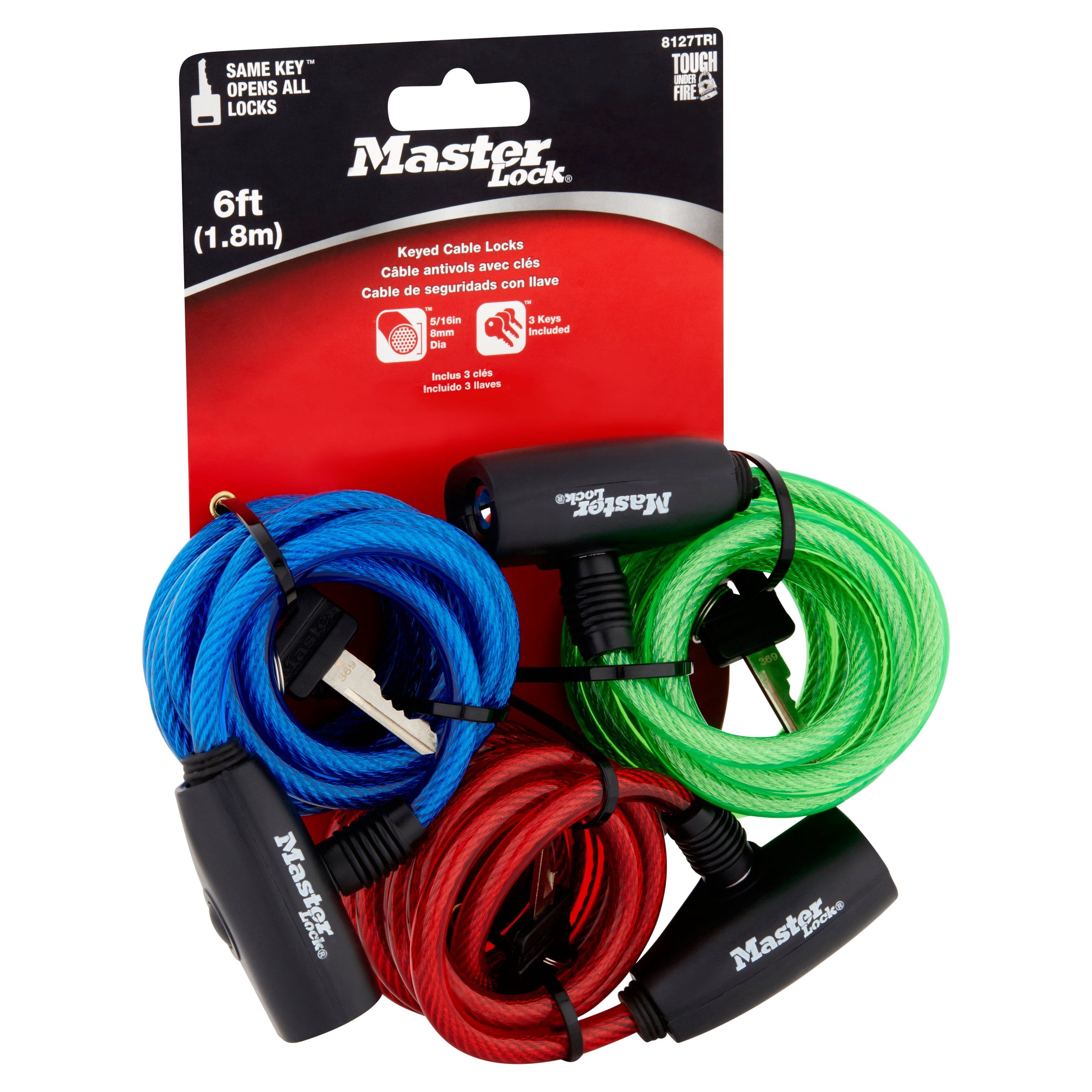 Master Lock Cable Lock, Keyed Bike Lock, 6 ft. Long, 3 Pack Multi-color Set