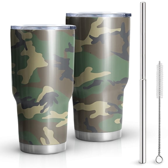 30oz Green Brown Camo Classic Pattern Tumblers Stainless Steel Tumbler with Lid and Straw,Vacuum Insulated Double Wall Travel Tumbler Cups Mug with Cleaning Brush for Coffee,Tea