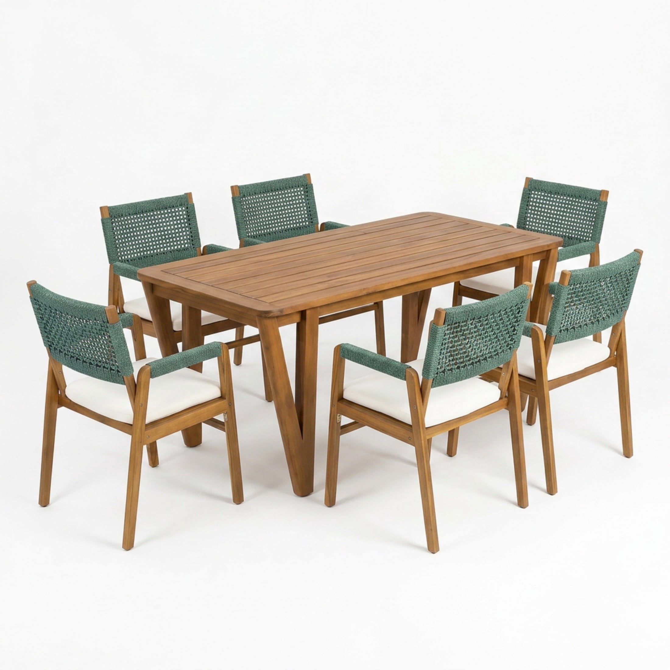Christopher Knight Home 7-Piece Wood Modern Patio Dining Set with Rope Armchairs and Cushion, Green