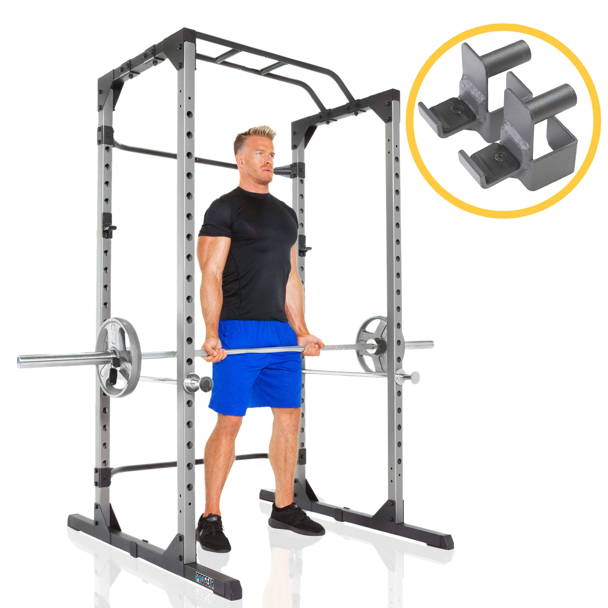 Squat Rack Power Cage with J-Hooks, Ultra Strength 800lb Weight Capacity, Optional Lat Attachment - Walmart.com