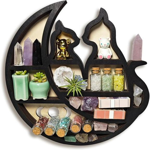 ABPETE Crystal Display Shelf for Wall, Cats on The Moon Shelf, Crescent Moon Phase Cute Home Decor Wooden Rock Display Shelf Crystal Holder Stone Storage Aesthetic Hanging Floating Organizer