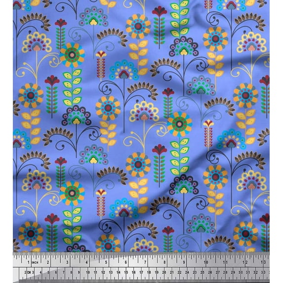 Soimoi Japan Crepe Satin Fabric Leaves & Floral Clip Art Printed Fabric 1 Yard 42 Inch Wide