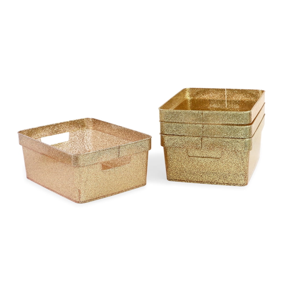 Isaac Jacobs 4-Pack Small Gold Glitter Storage Bin Set with Cut-Out Handles, Plastic Organizers