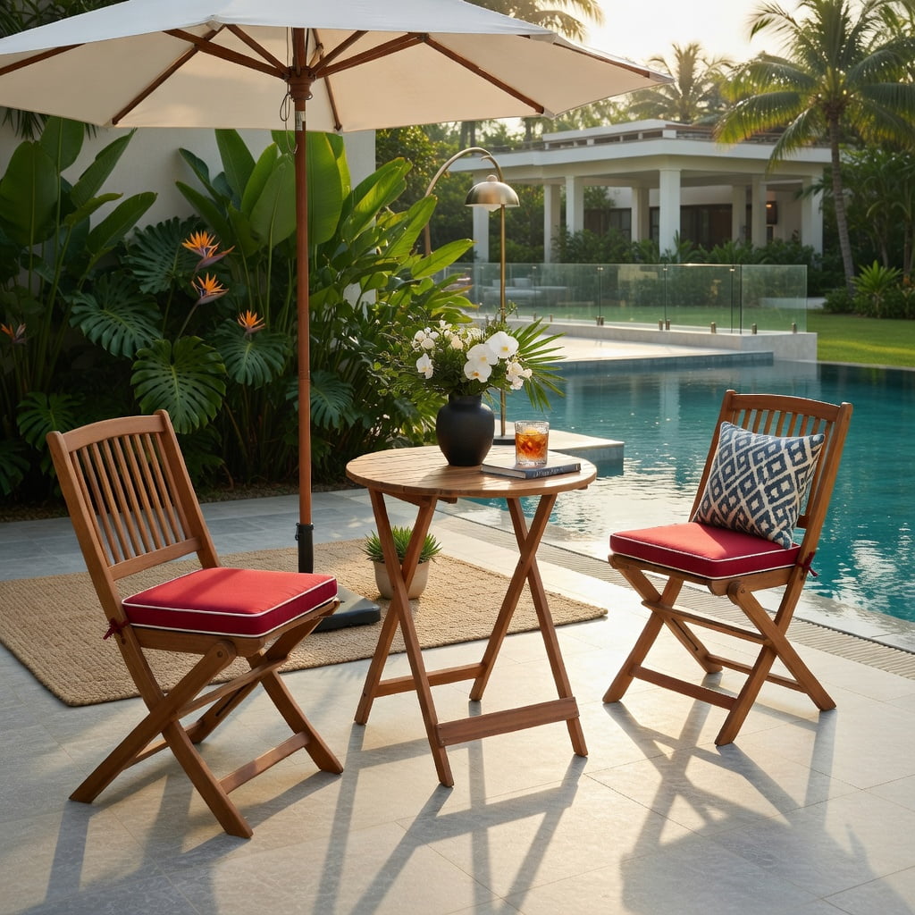 Hommoo 3-Piece Foldable Outdoor Bistro Set, Acacia Wood Patio Chairs & Round Coffee Table with Removable Cushions, Red