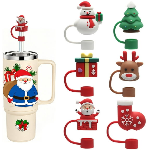 6PCS 3D Christmas Straw Cover Cap for Stanley Cup, Xmas Silicone Straw Topper Compatible with 30&40oz Tumbler with Handle,Proof Reusable Straw Tips Lids for Christmas Gifts