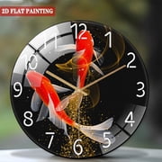 12 Inch Tempered Glass Wall Clock, Red Koi Swimming Pattern Design Wall Clock, Silent Clock, Suitable for Home Decoration (Battery Not Included), 30cm
