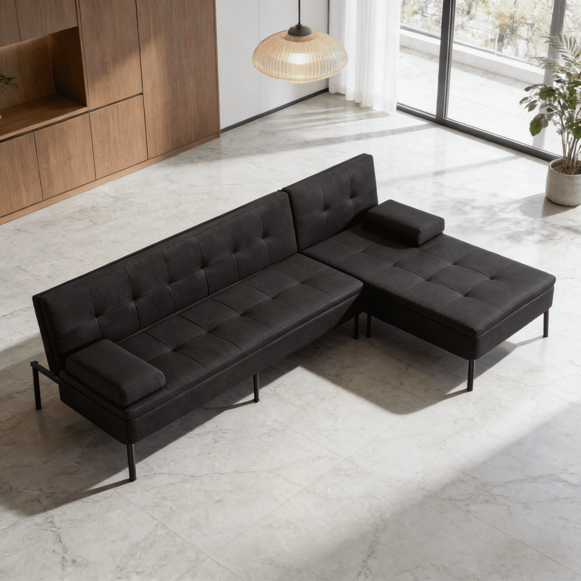 Gewnee 89.4”Convertible L-shaped Sofa with Reversible Chaise Futon Sofa Bed,Suitable for Office and Living Rooms.Black