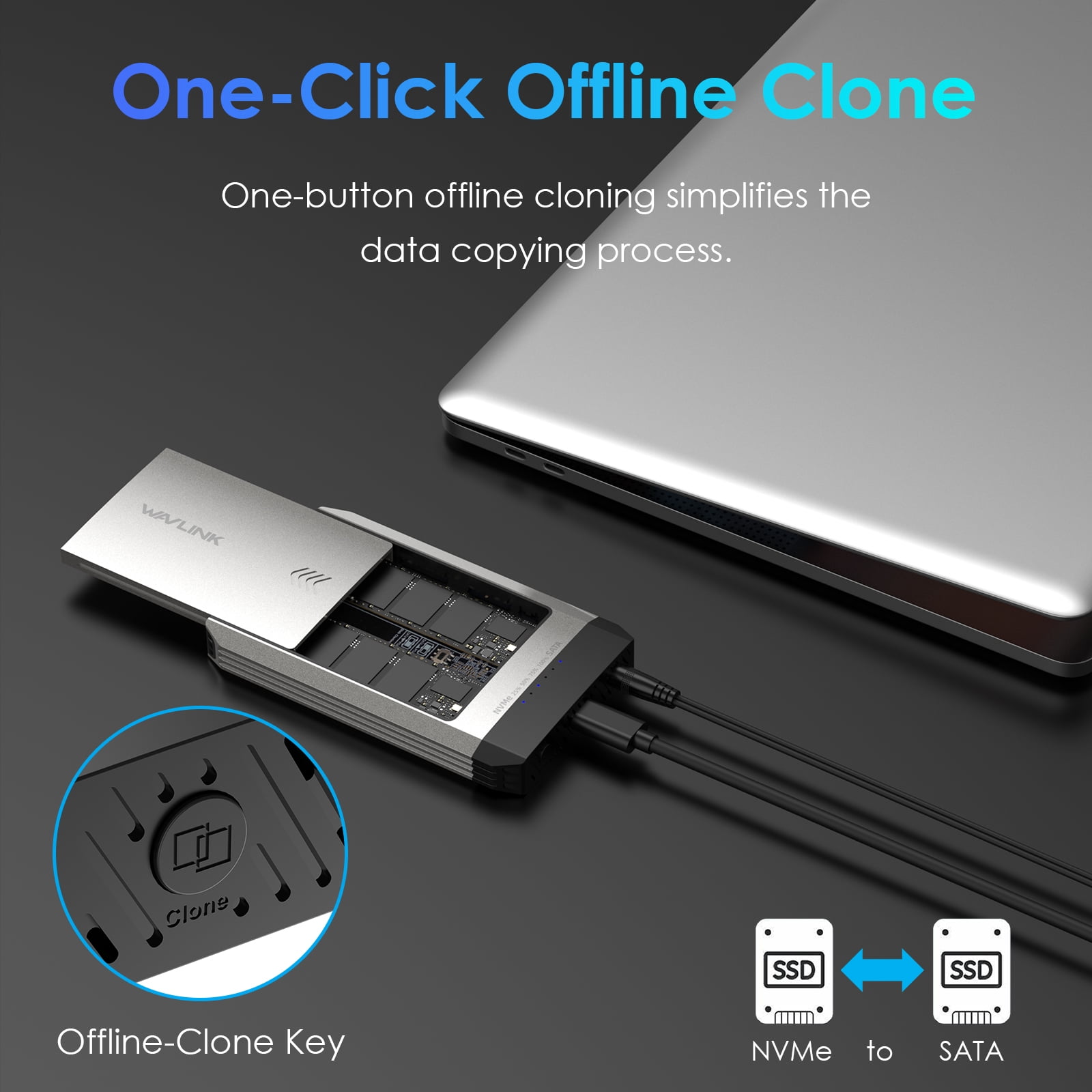 WAVLINK Hard Drives Enclosure, Compatible with NVMe, M.2 Duplicator Dual-Bay Offline Clone, 10Gbps USB-C(USB3.2 Gen 2x1), Supports NVMe and AHCI, up to 8TB