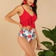 thumbnail image 3 of Traje de baño de dos piezas para mujer, dobladillo con volantes, lazo frontal, pantalones cortos de cintura alta, traje de baño elegante, rojo, 2XL, 3 of 8