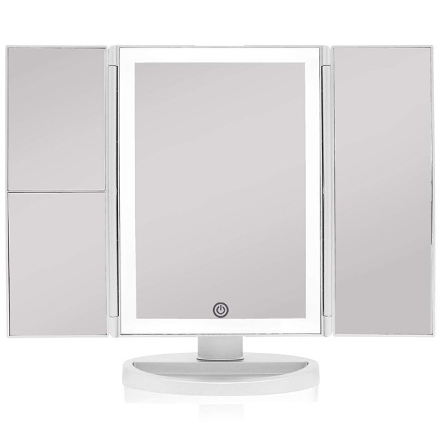 Espejo de tocador retroiluminado con luces y aumento, espejo LED, control de luz con pantalla táctil, espejo de 3 vías, aumento de 1/2/3x, espejo portátil de alta