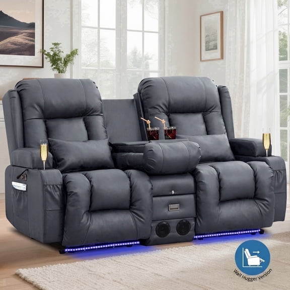 IPKIG Wall Hugger Power Recliner Loveseat with Massage & Heat, Bluetooth, LED Console, and Slate Blue Leather-Look Fabric Upholstery for Home Theater Seating