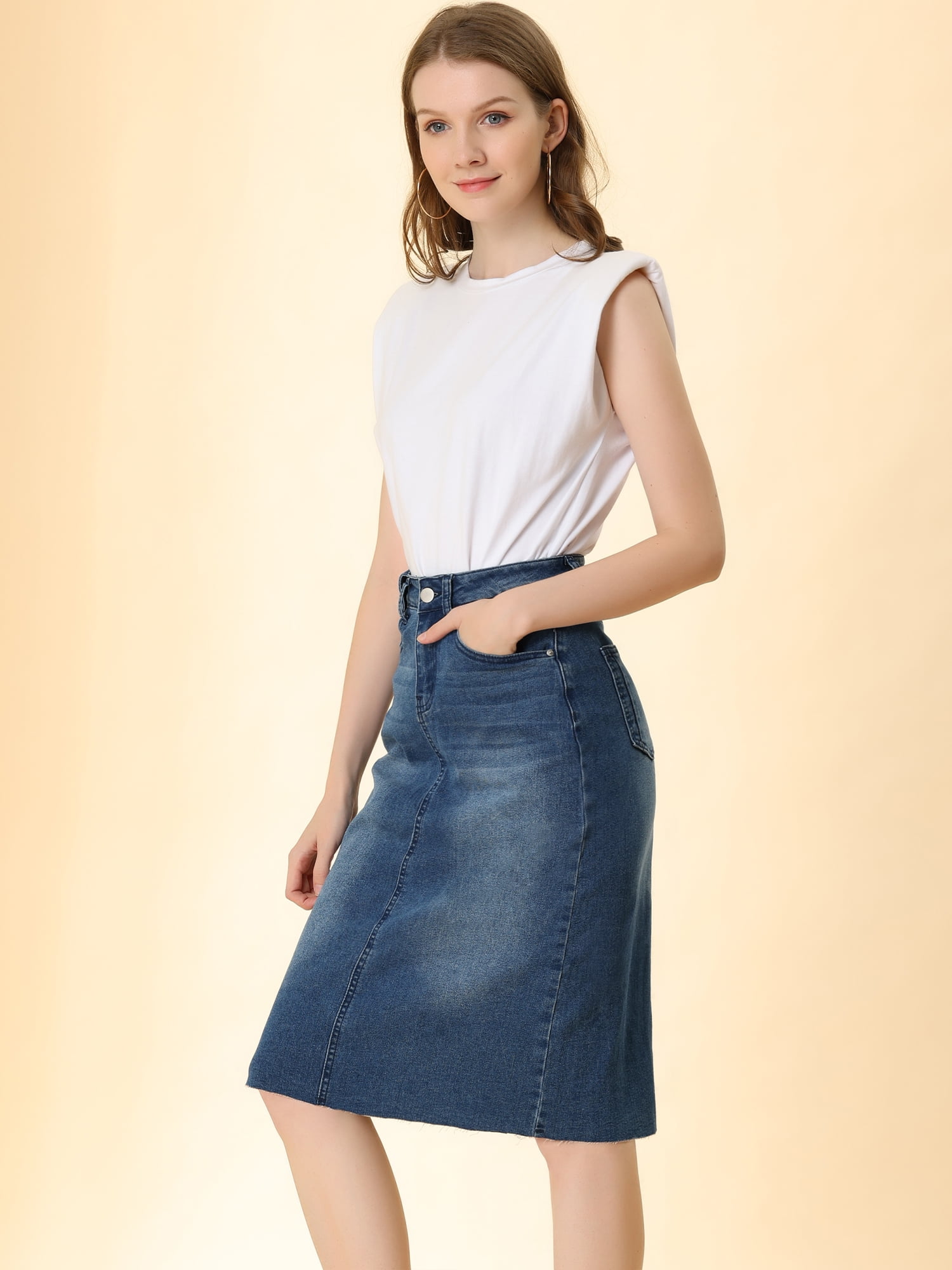 DARING DIVA Women's Jean Back Vent Midi Length Denim Skirts 3XL M-Blue