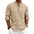 thumbnail image 4 of Sevevn Men's Vertical Striped Mandarin Collar Linen Shirt Long Sleeve Button Down Pocket Lightweight Casual Summer Beach Shacket Khaki L, 4 of 9