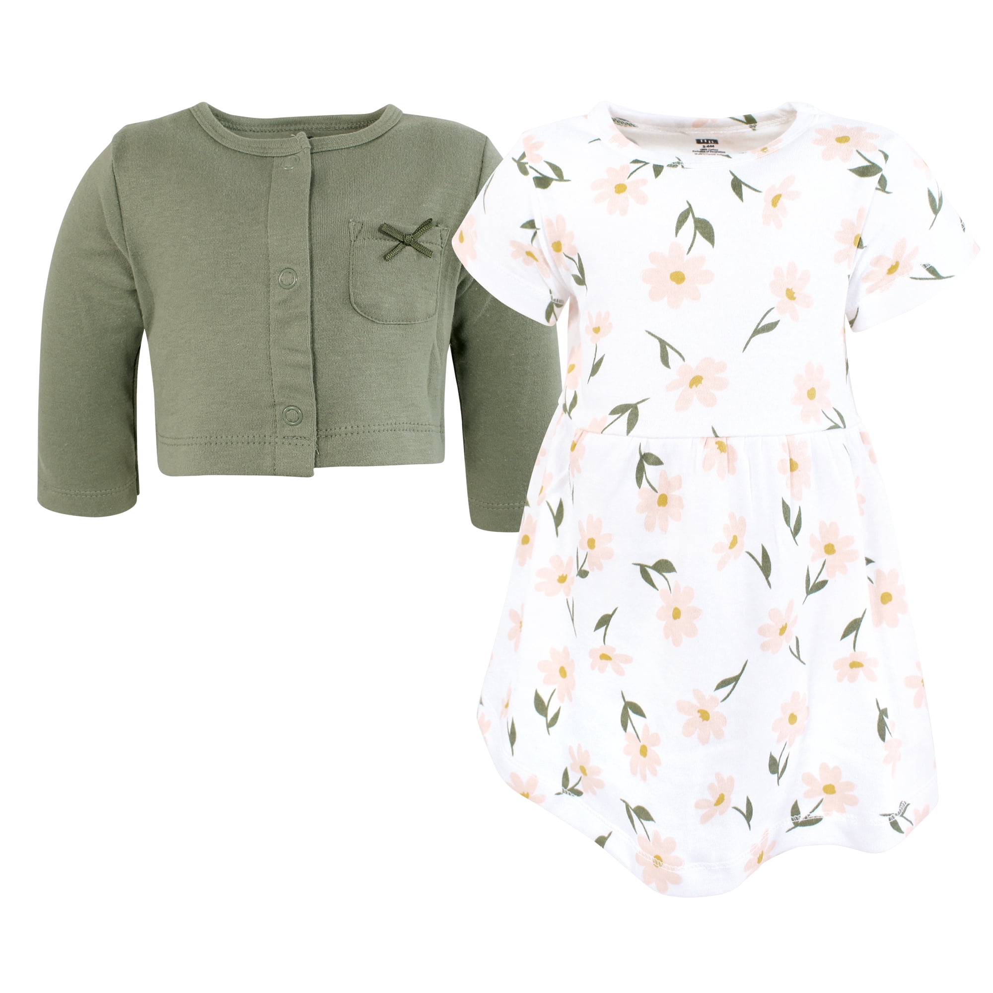 Hudson Baby Infant and Toddler Girls Cotton Dress and Cardigan Set, Sage Floral, 18-24 Months