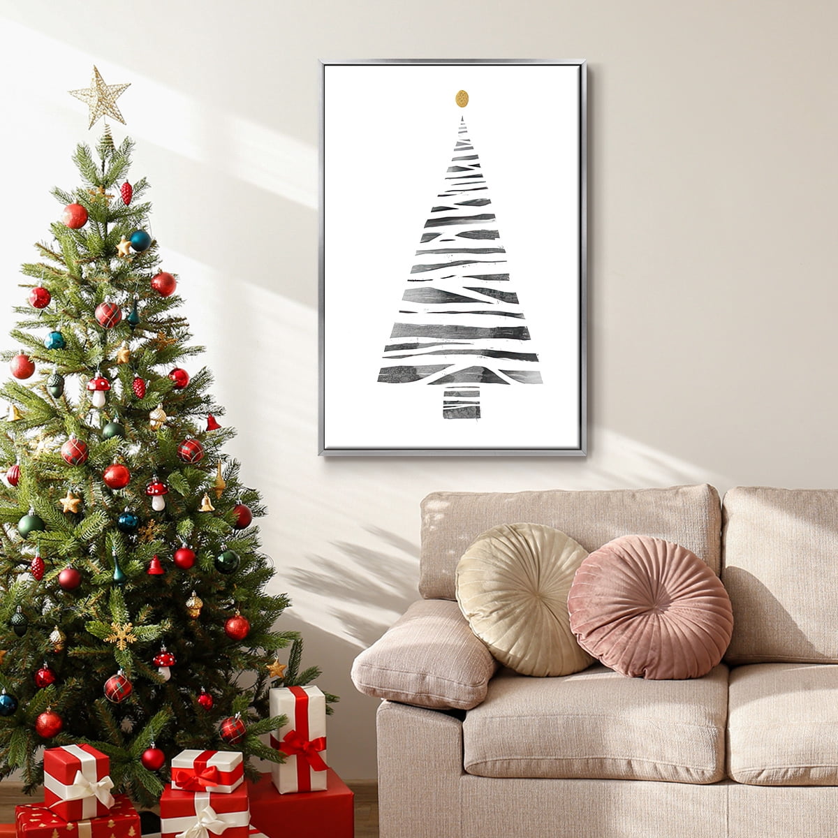 Christmas Tree I - Framed Gallery Wrapped Holiday Canvas - 27 x 41 - Silver Frame